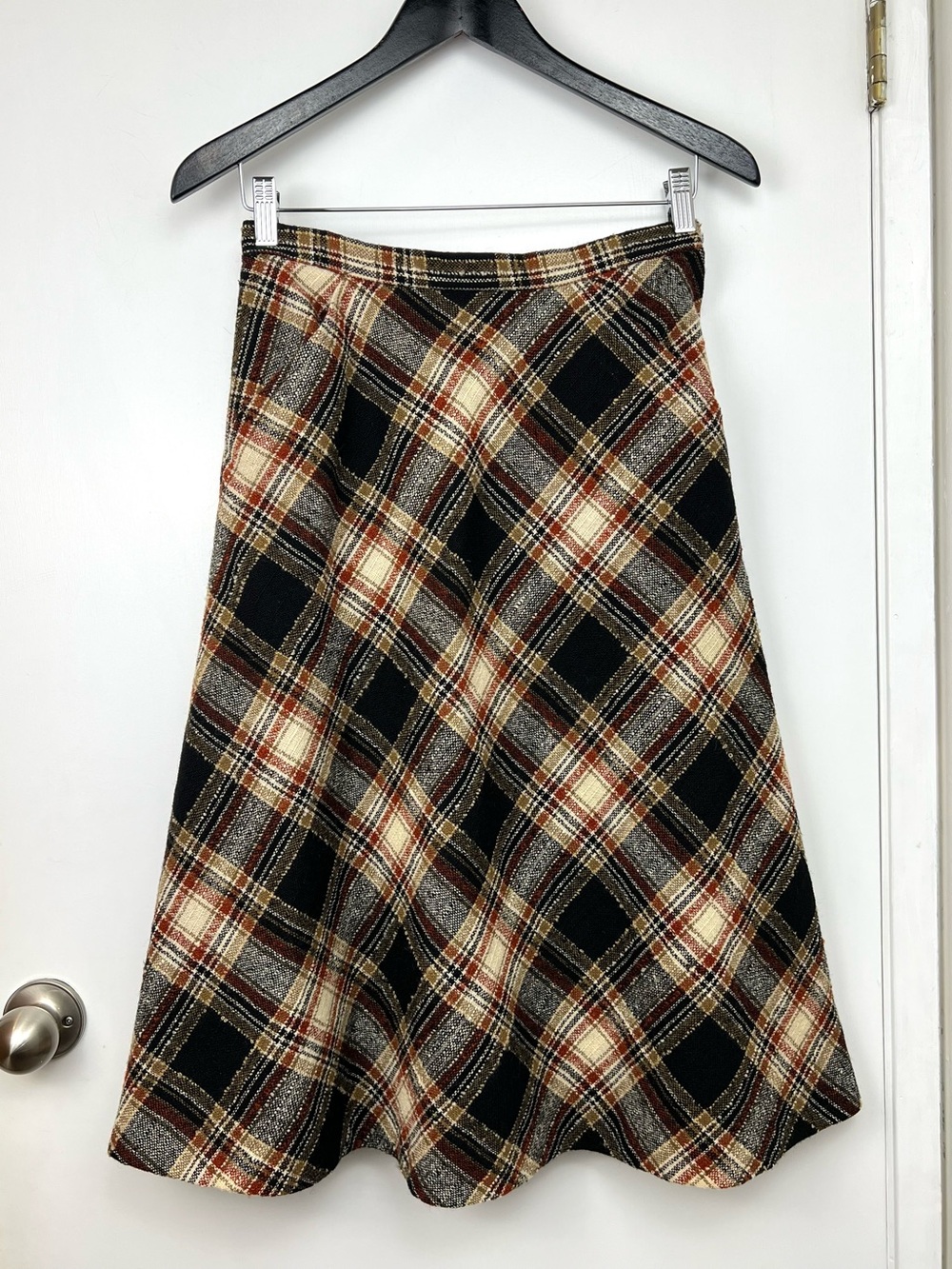 Handmade Vintage Wool Bias Cut Plaid Circle Skirt size 4/6 Brown Tones Pin Up